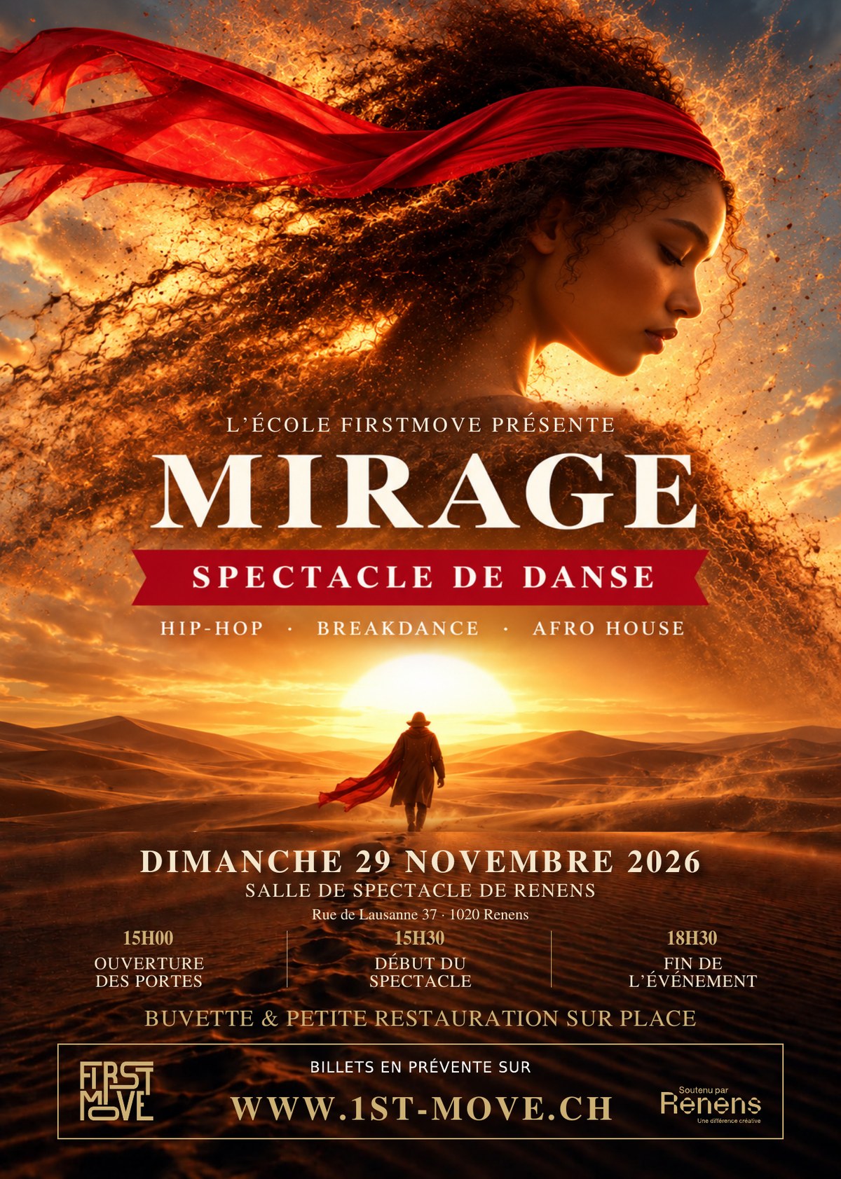 Flyer du spectacle MIRAGE – École First Move, dimanche 29 novembre 2026, Salle de spectacles de Renens